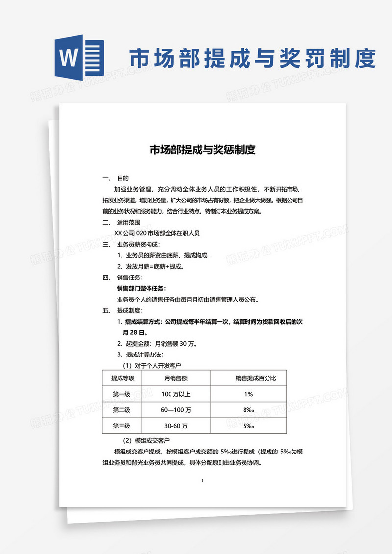 市场部提成与奖罚制度word模板
