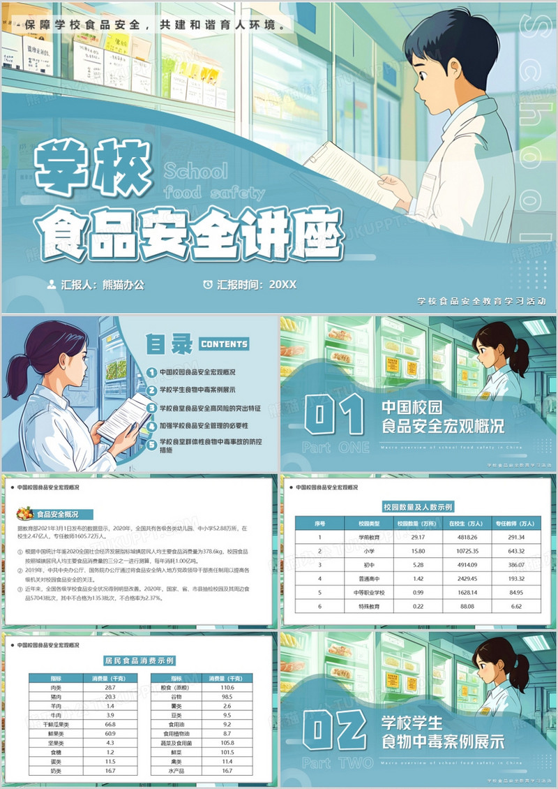 蓝色插画风学校食品安全讲座PPT模板