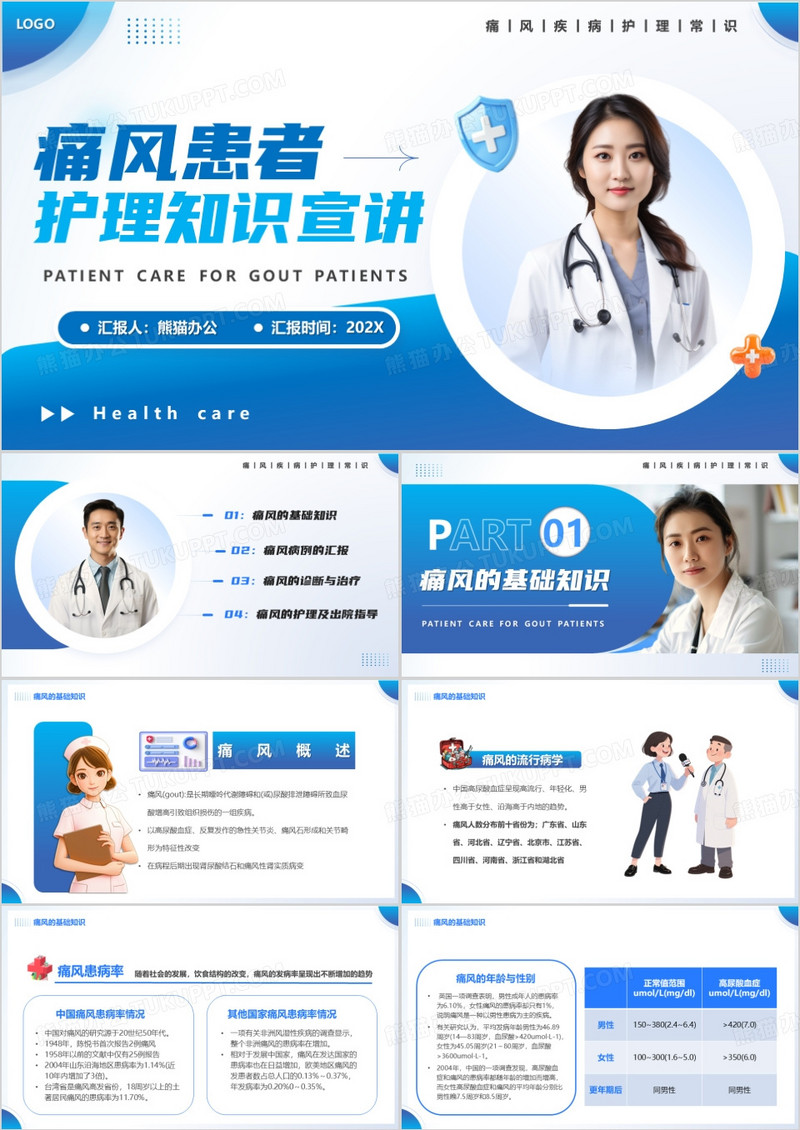 蓝色简约风痛风患者护理知识宣讲PPT模版