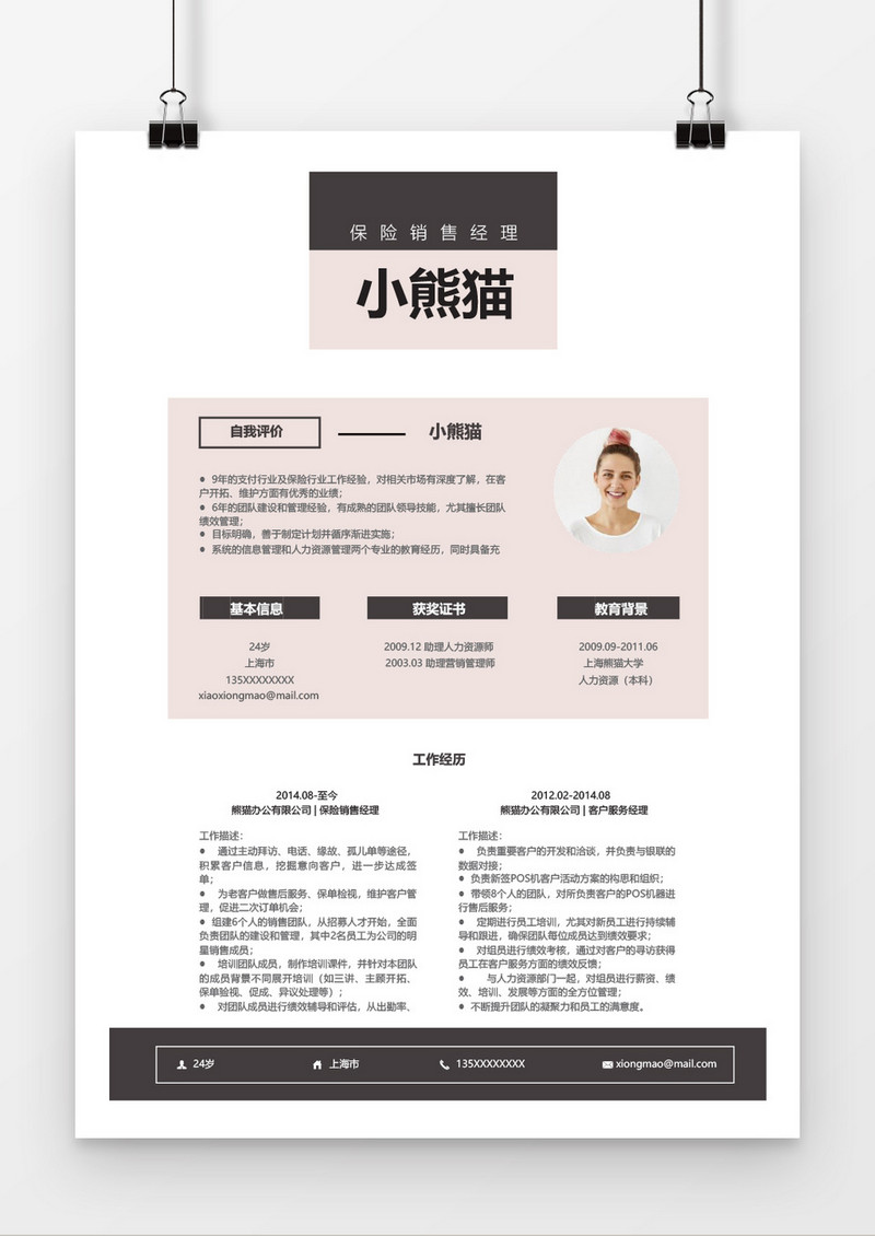 清新保险销售经理简历word简历模板