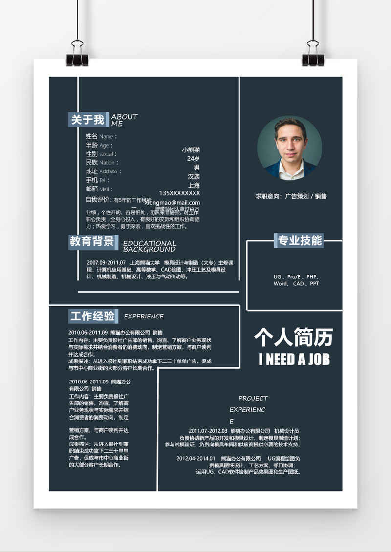 扁平简约广告市场设计word简历模板