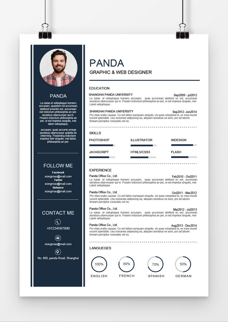 深蓝色大气简约英文个人简历word模板