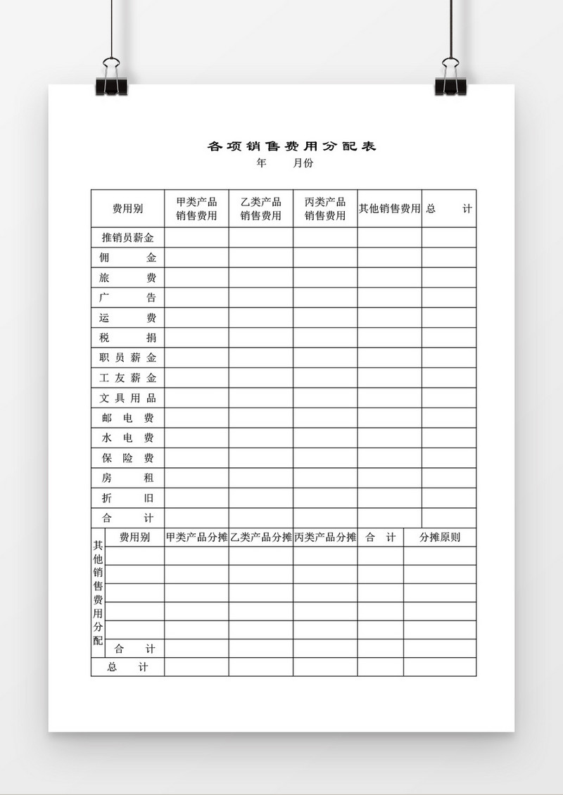 各项销售费用分配表word模板