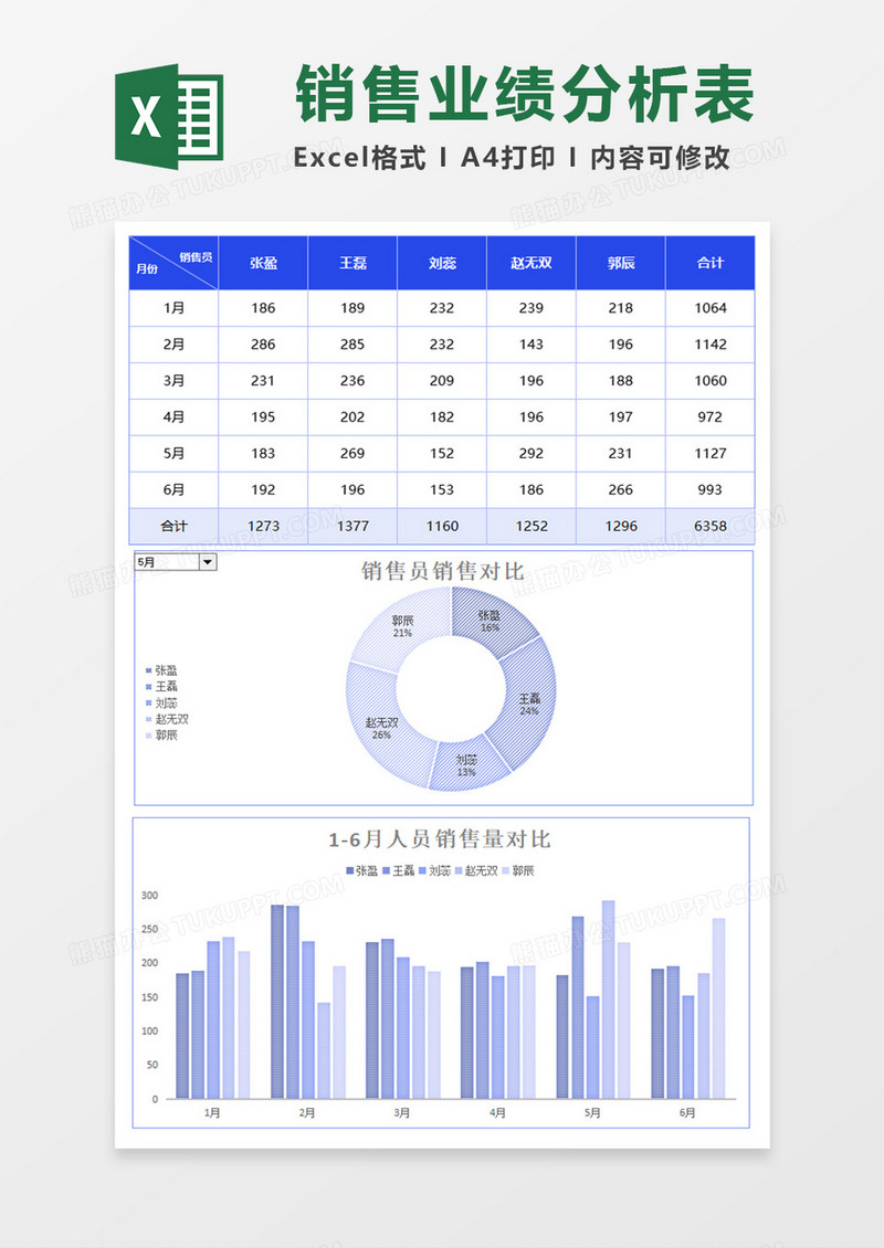 蓝色半年销售动态分析组合图excel模板