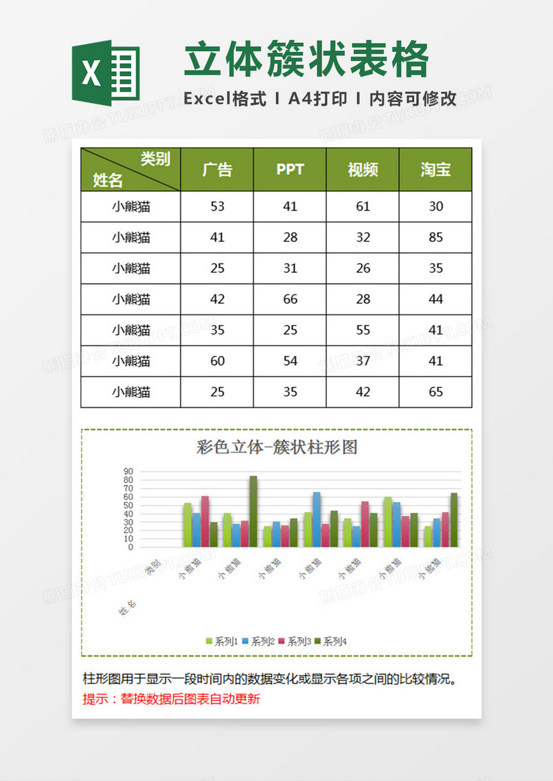 多彩立体簇状柱形图excel模板