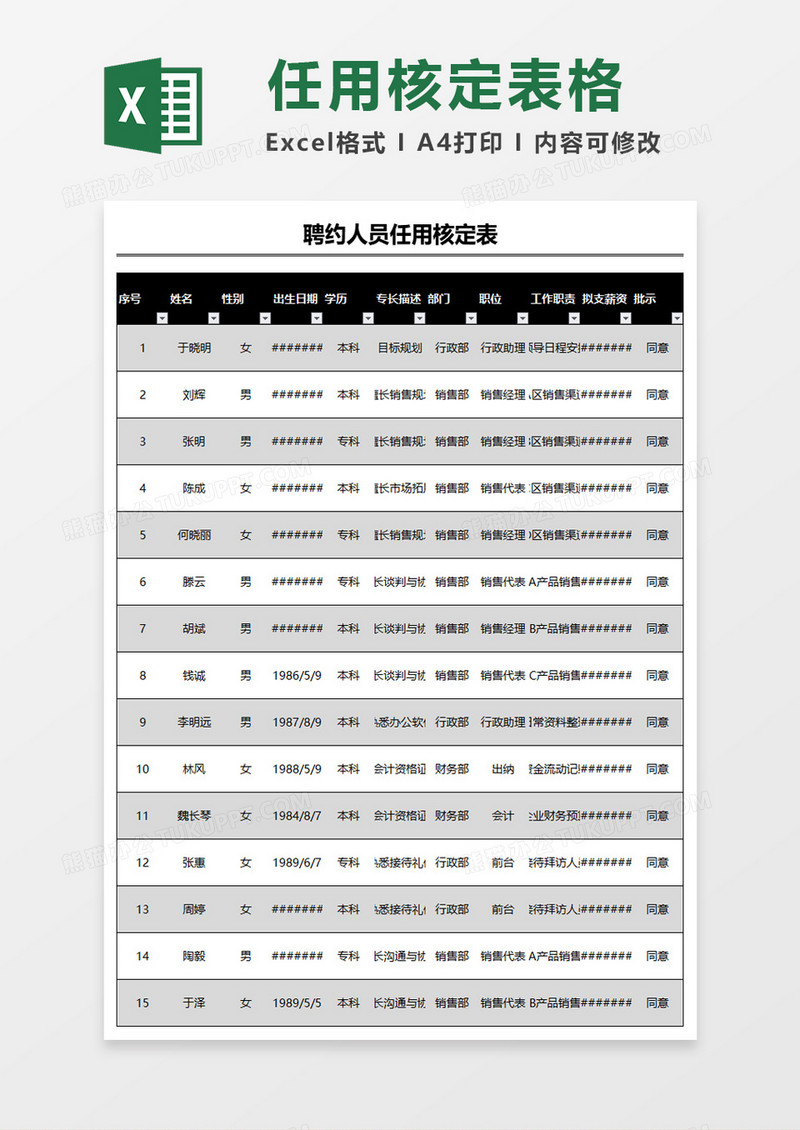 聘约人员任用核定表excel模板