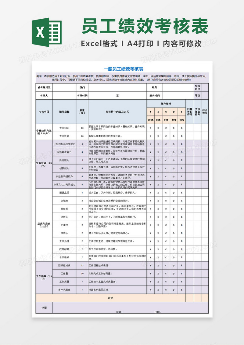 一般员工绩效考核excel模板