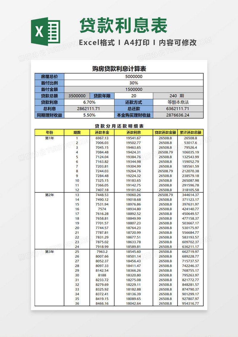 商务简约房贷利息计算表Excel模板