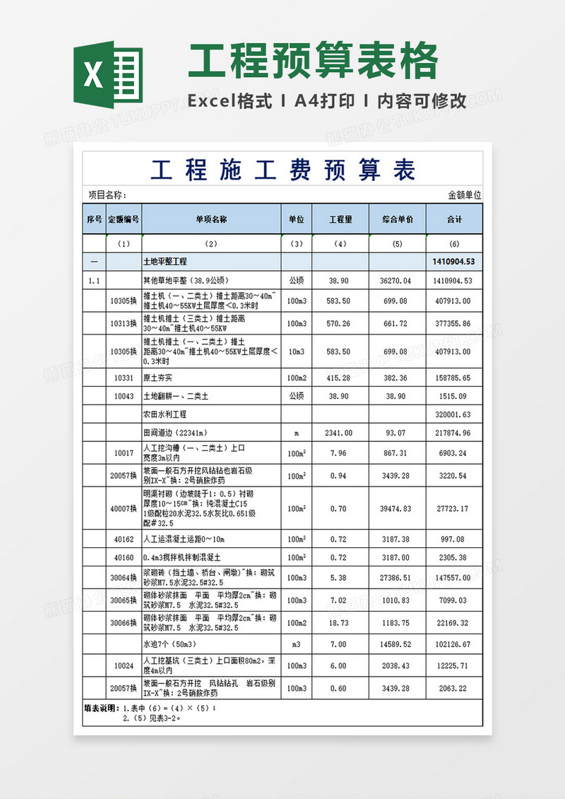 工程施工费预算表excel模板