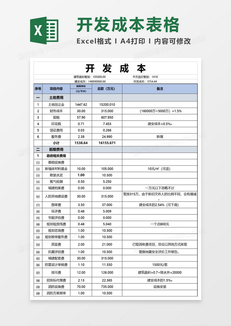 建筑成本估算表模板excel模板