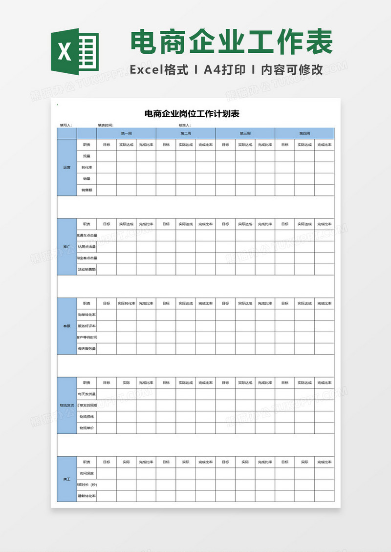 电商企业岗位工作计划表excel模板