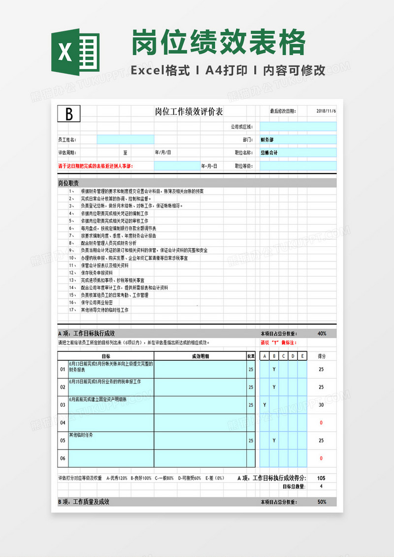 岗位绩效工作表格excel模板