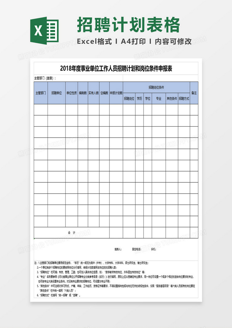 招聘计划和岗位条件申报表excel模板