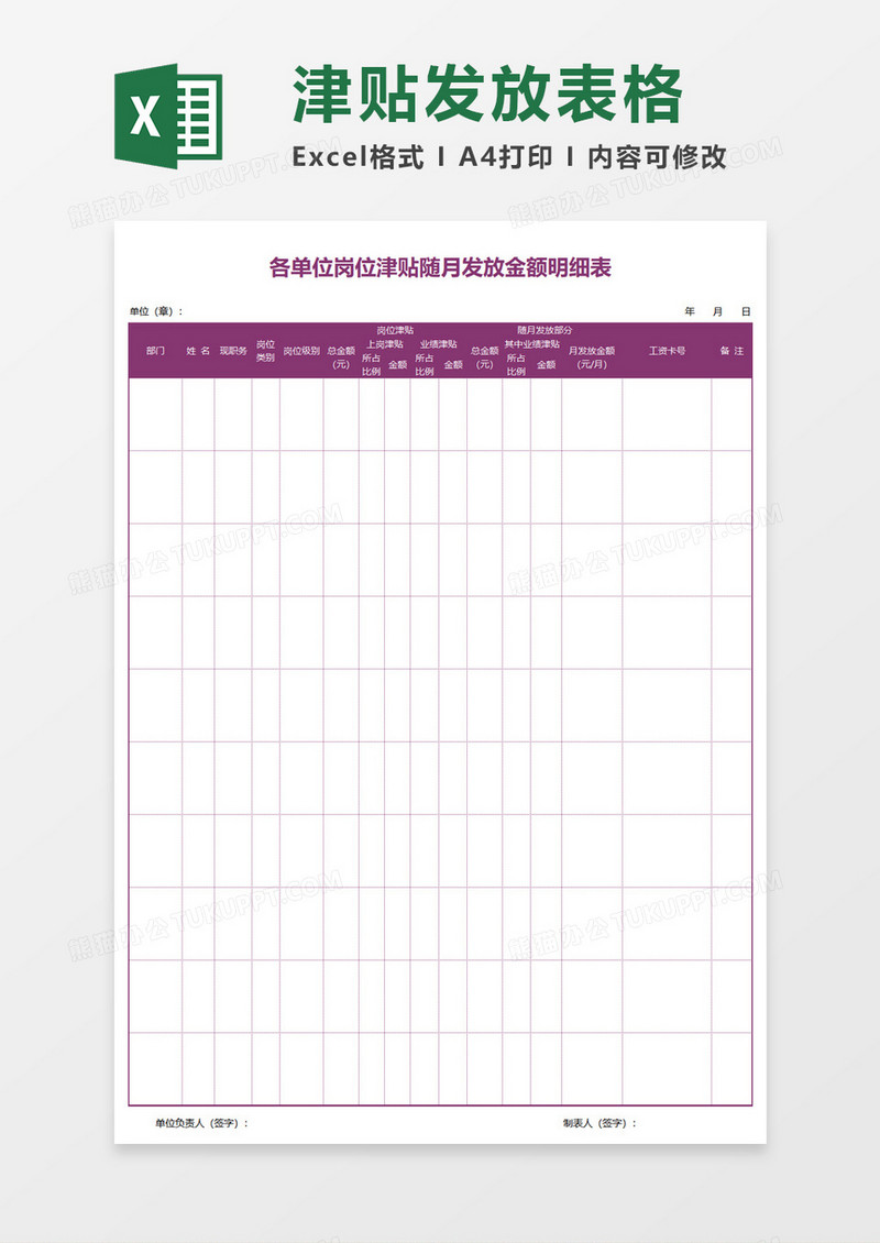 岗位津贴随月发放金额明细表
