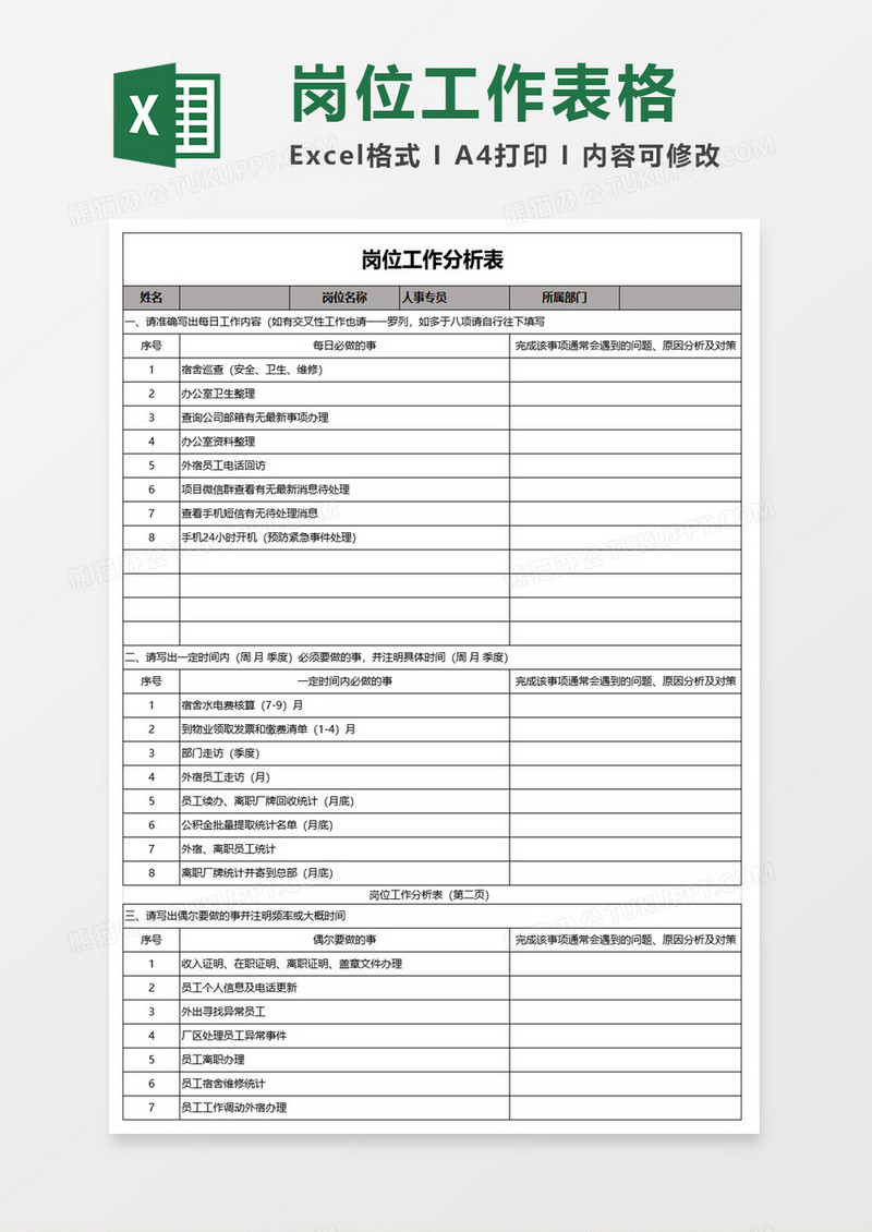 岗位工作分析表excel模板