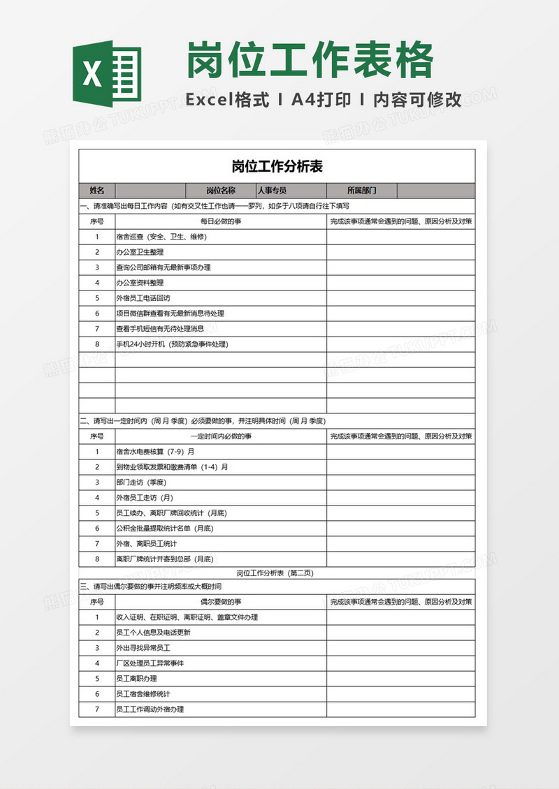 岗位工作分析表excel模板