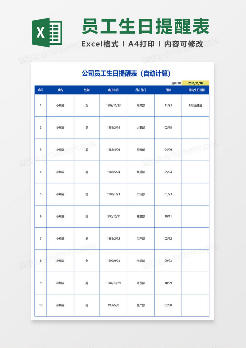 员工生日提醒表