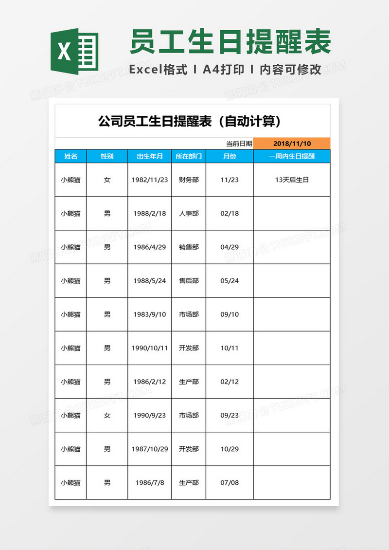 员工生日提醒表