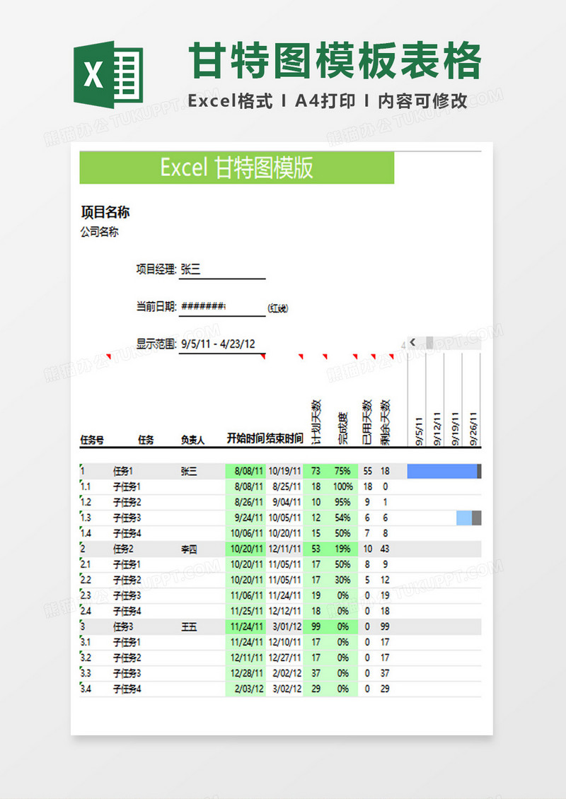 项目进度管理甘特图模板表格excel模板