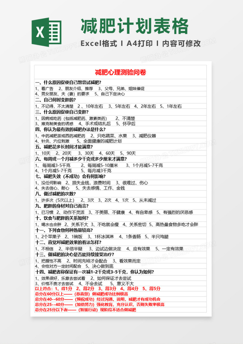 减肥心理测验问卷excel模板