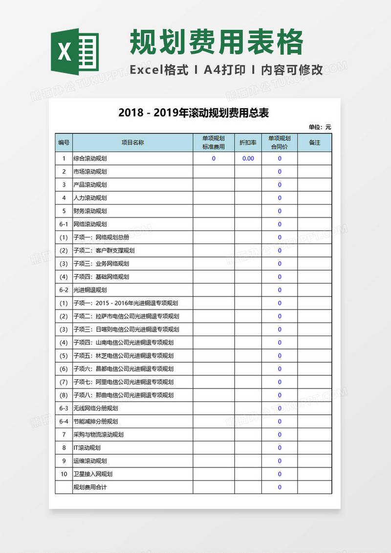 咨询项目费用明细表excel模板