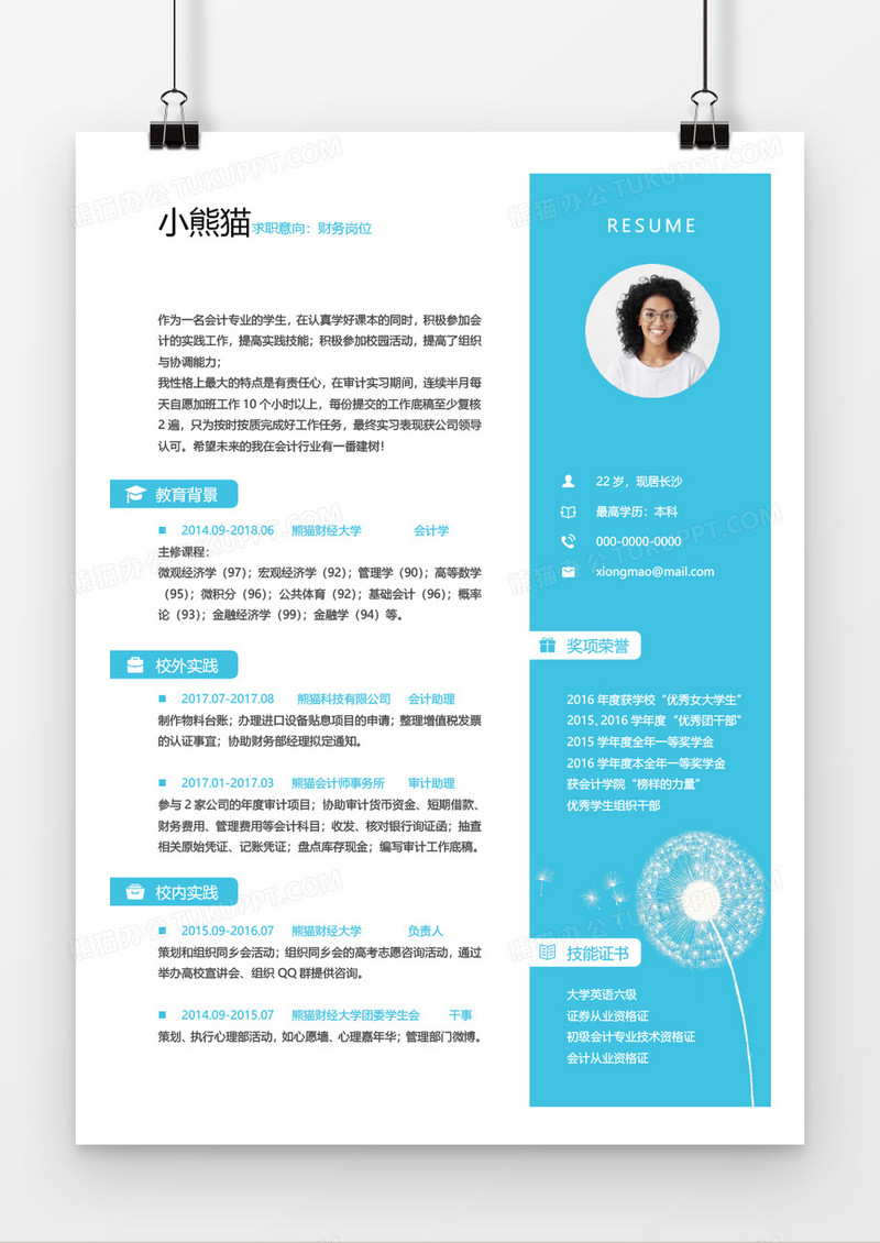 蓝色大气简约财务会计求职简历word模板