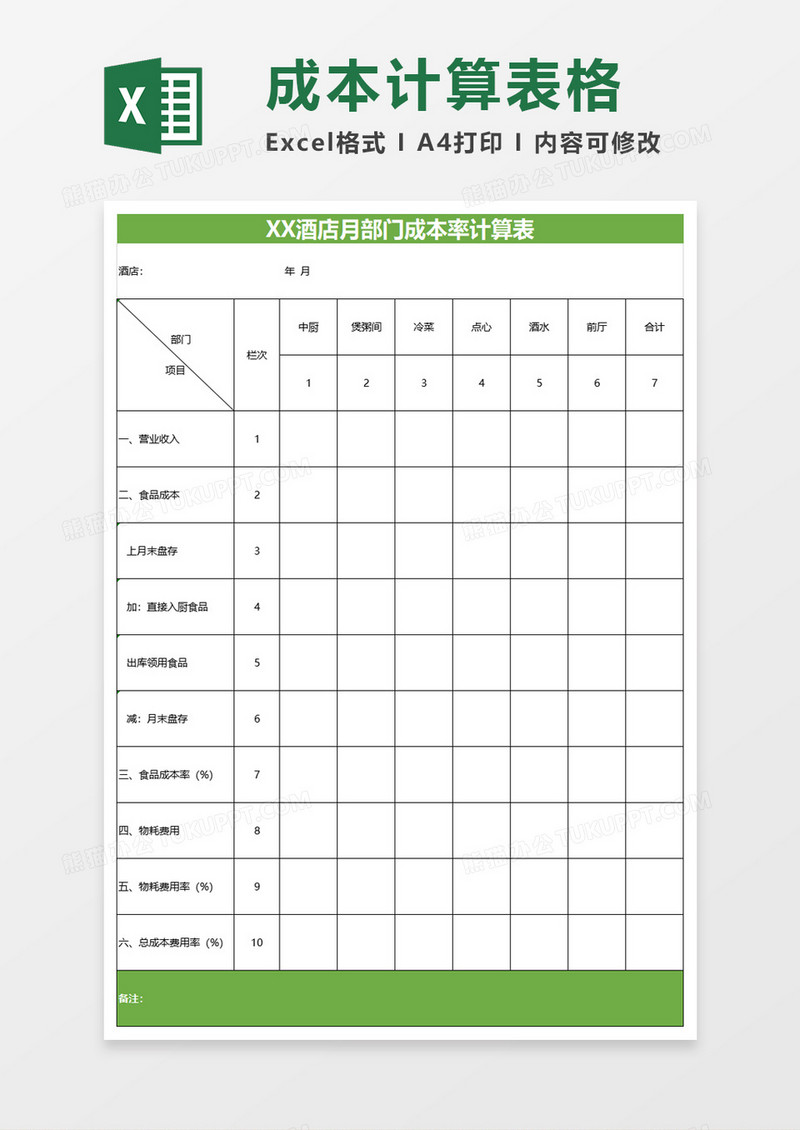 部门成本率计算表excel模板