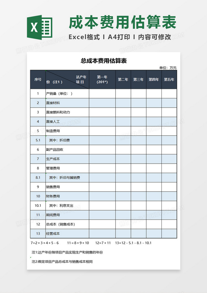 简约总成本费用估算表excel模板