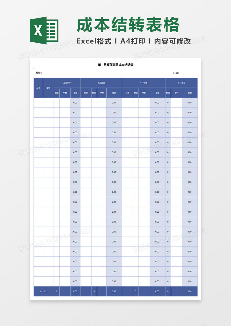 商品成本结转表excel模板