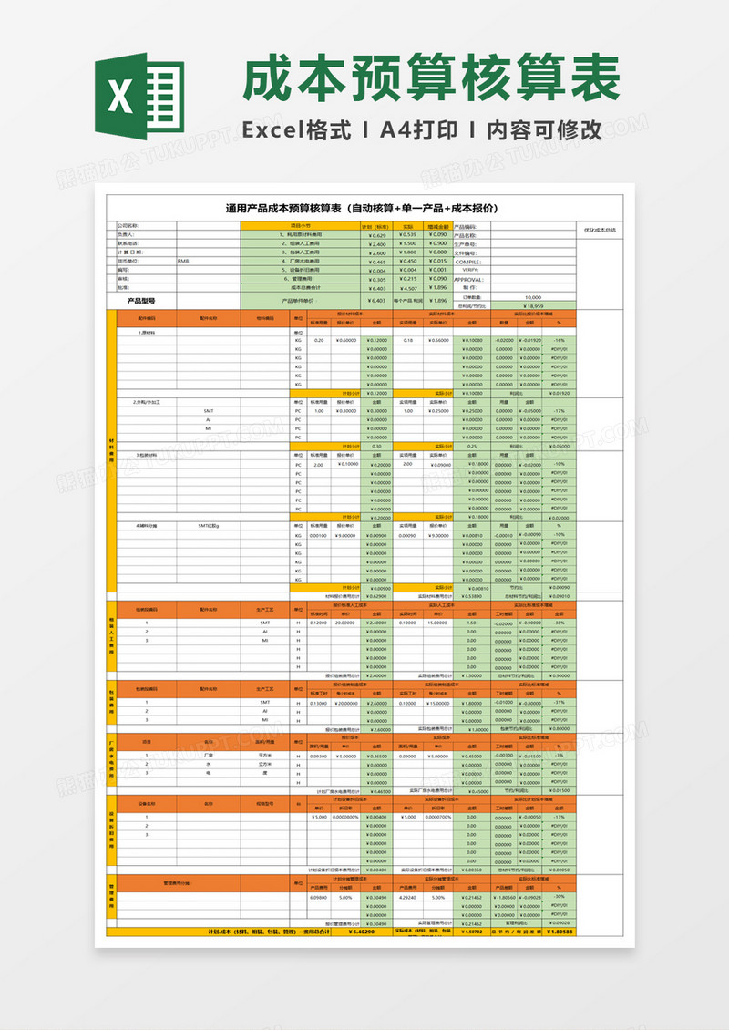 产品成本预算核算表excel模板