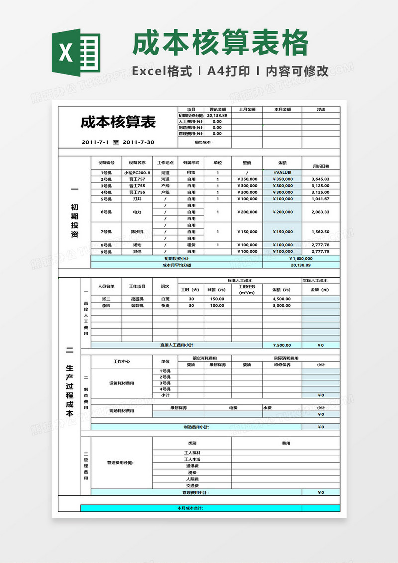 简约成本核算表excel模板