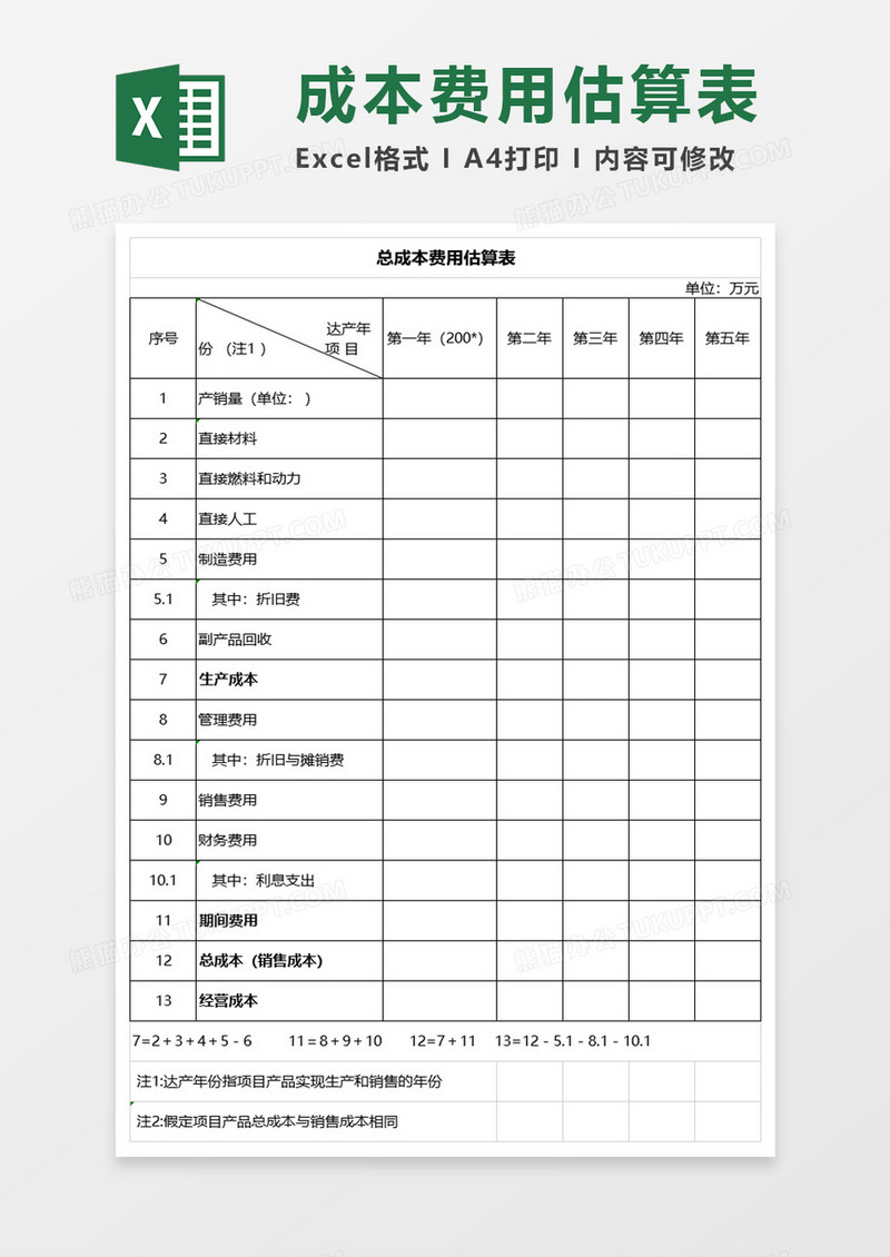 简约总成本费用估算表excel模板