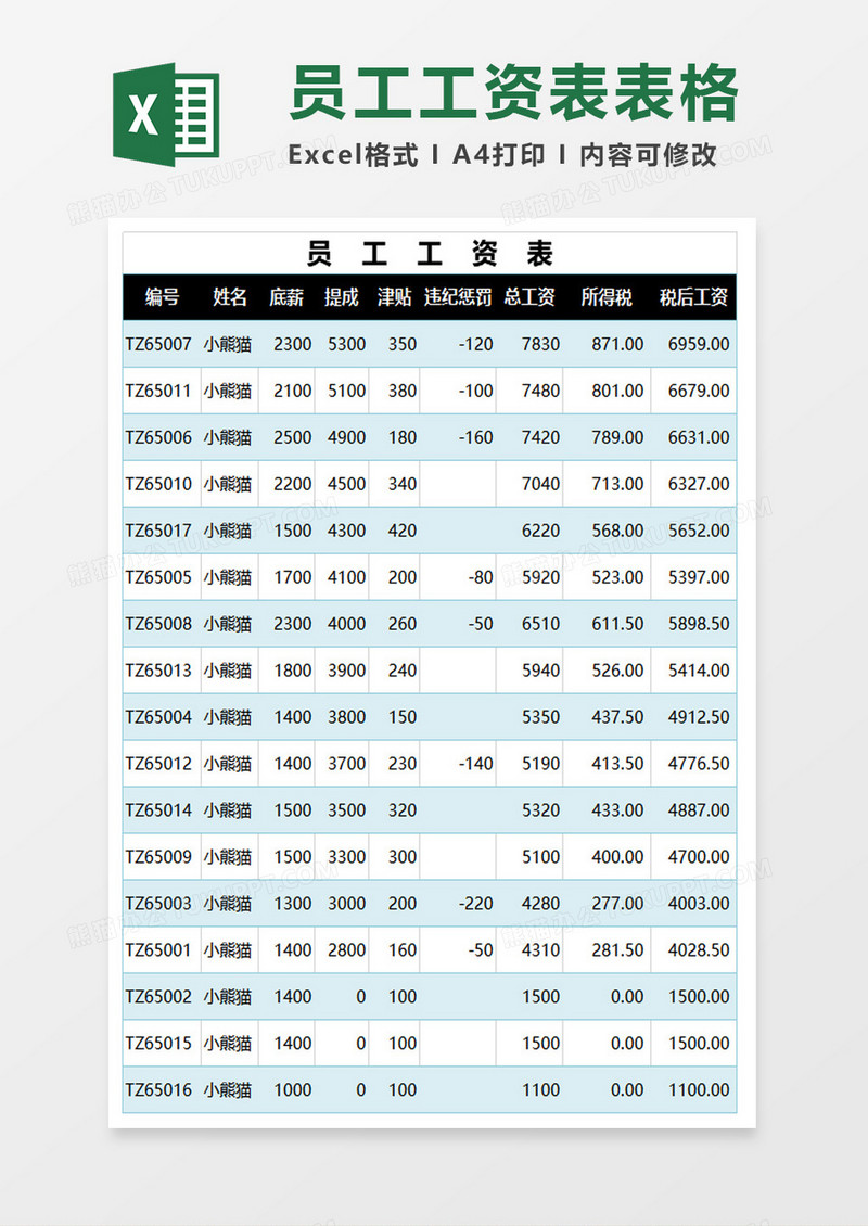 简约个人员工工资表excel模板