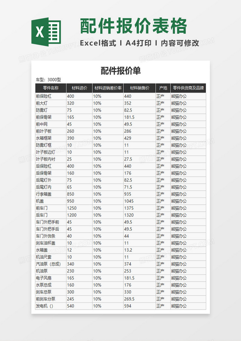 配件报价单excel模板