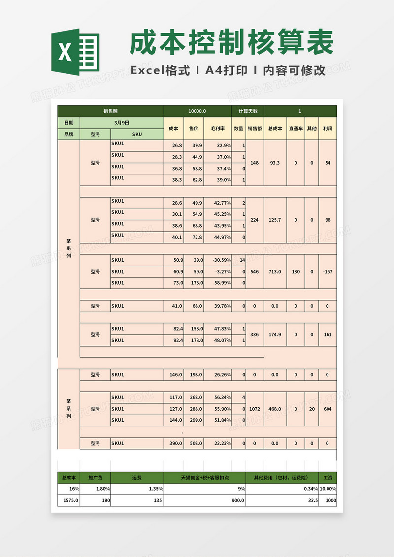 成本控制核算表格excel模板