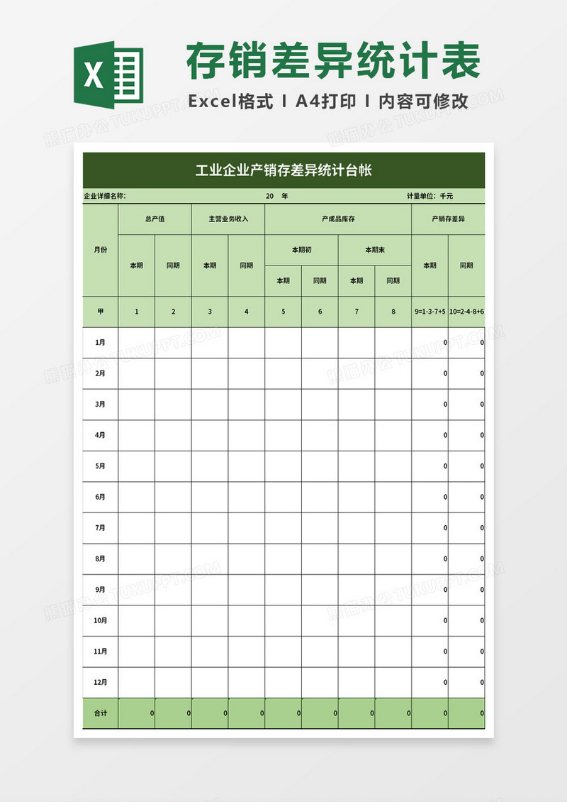 工业企业产销存差异统计台帐excel模板