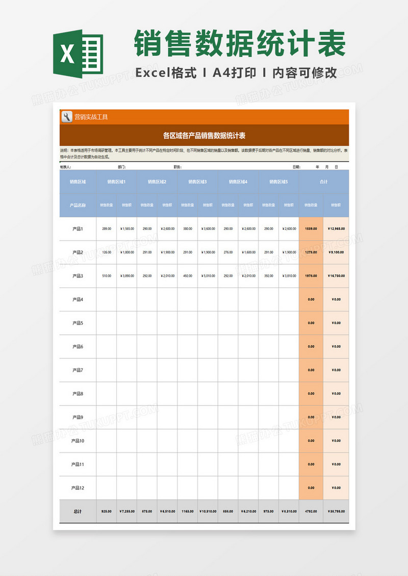 各区域各产品销售数据统计表excel模板