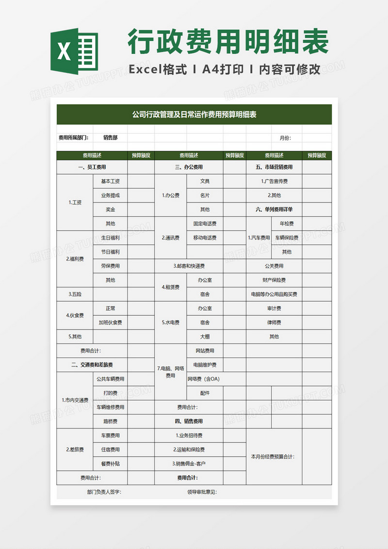 各部门经费预算表excel模板