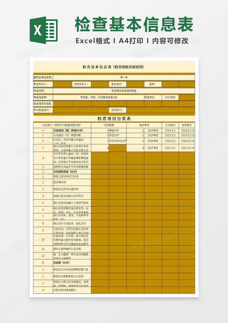 机关单位经费检查表excel模板