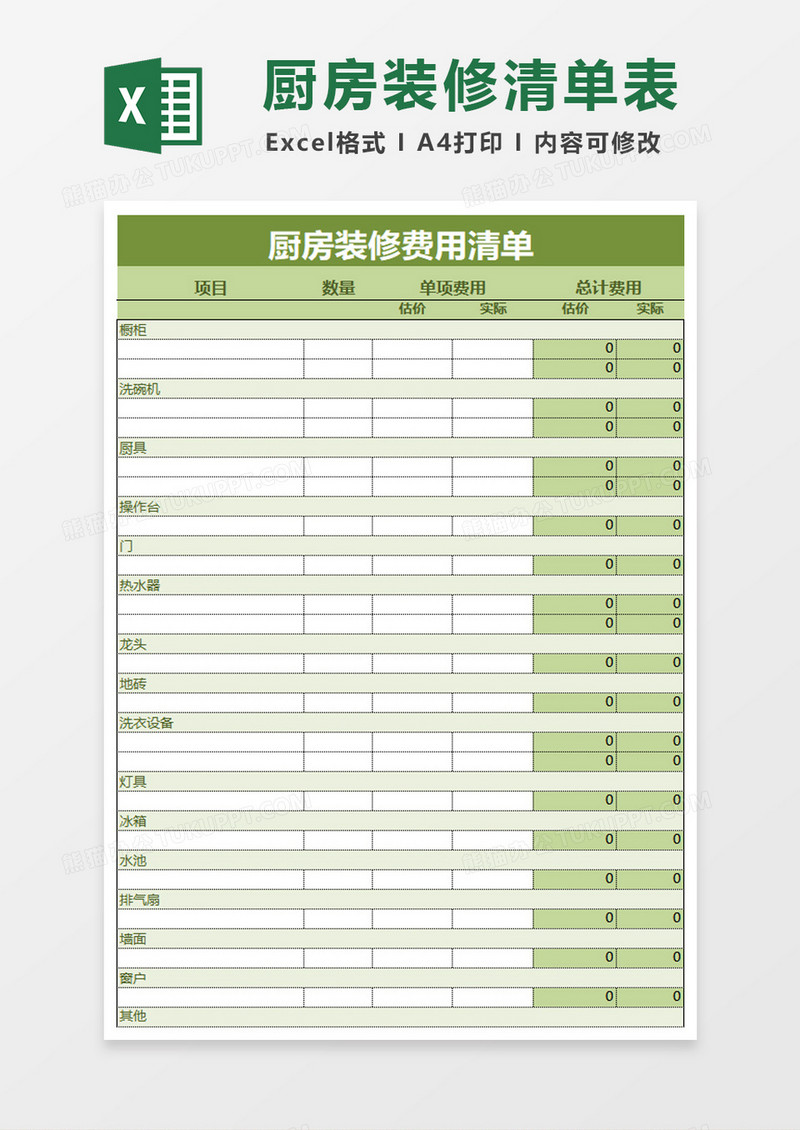 厨房装修费用清单excel模板