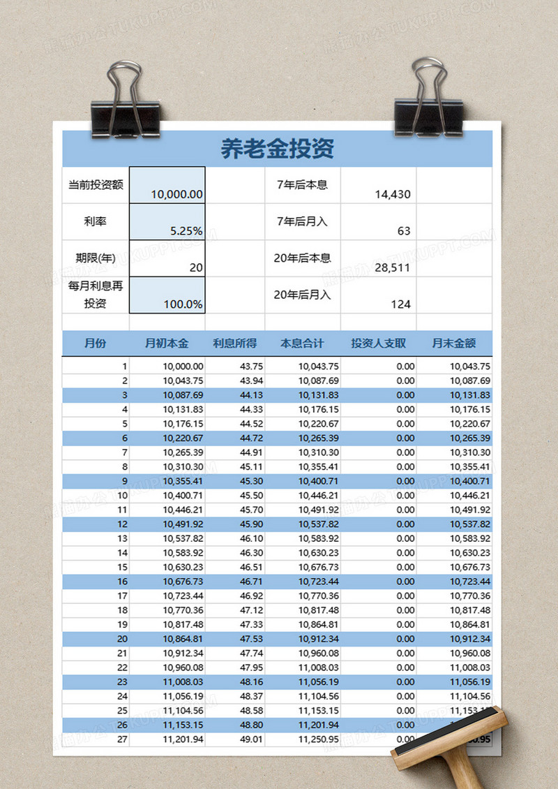 简约养老金投资计算器excel模板