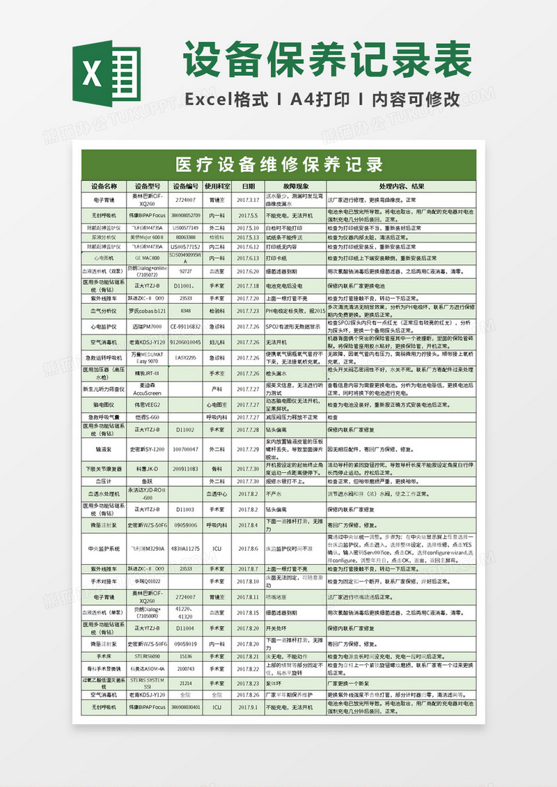 医疗设备维修保养记录excel模板