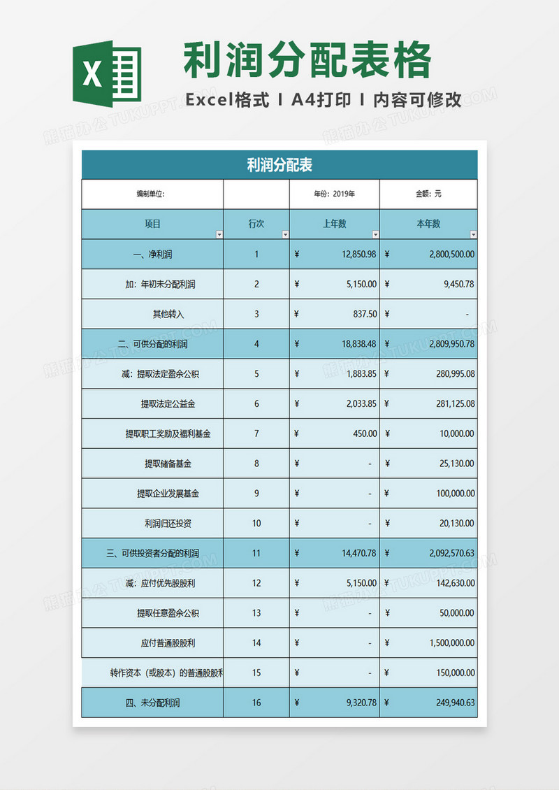 简约利润分配表excel模板