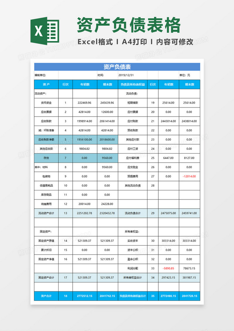 简约商务资产负债表excel模板