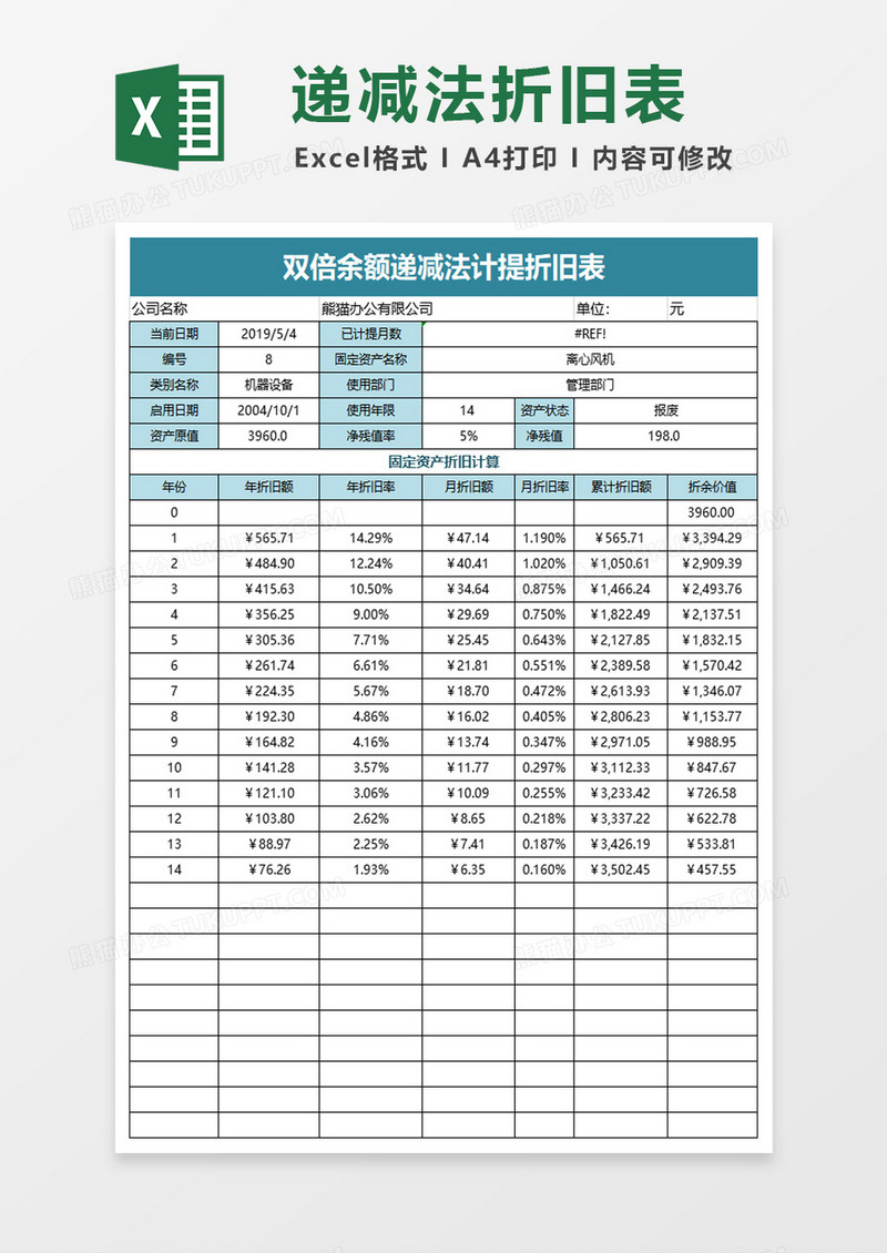 双倍余额法计提折旧表excel模板