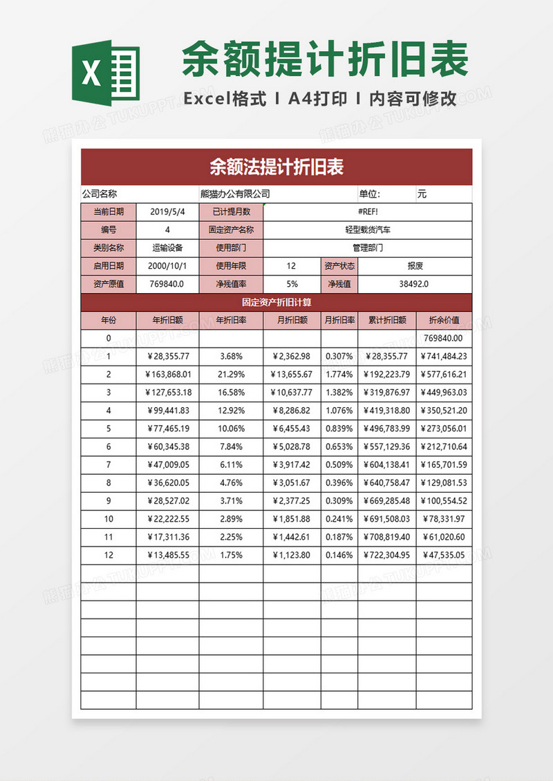 余额法计提折旧表excel模板