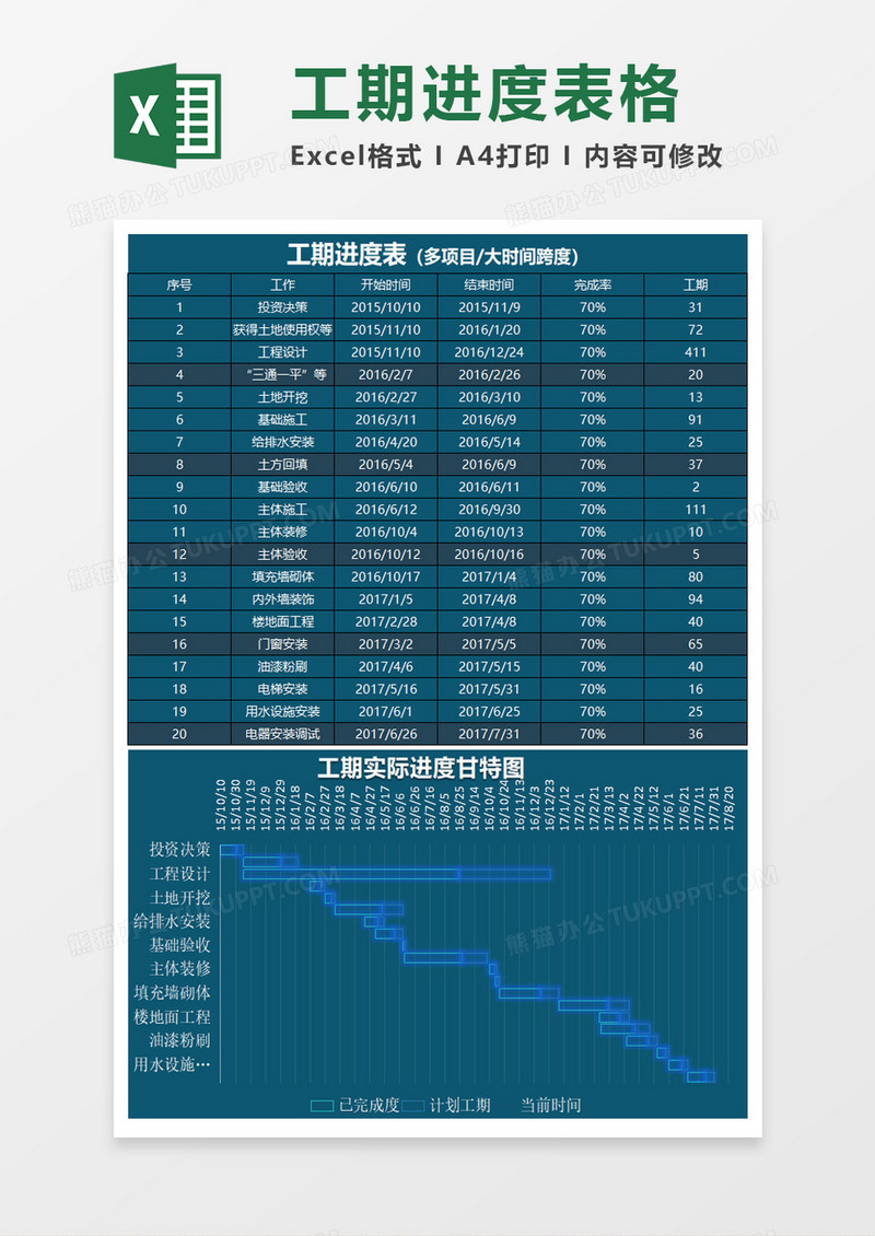 蓝色科技风工期进度计划表excel模板