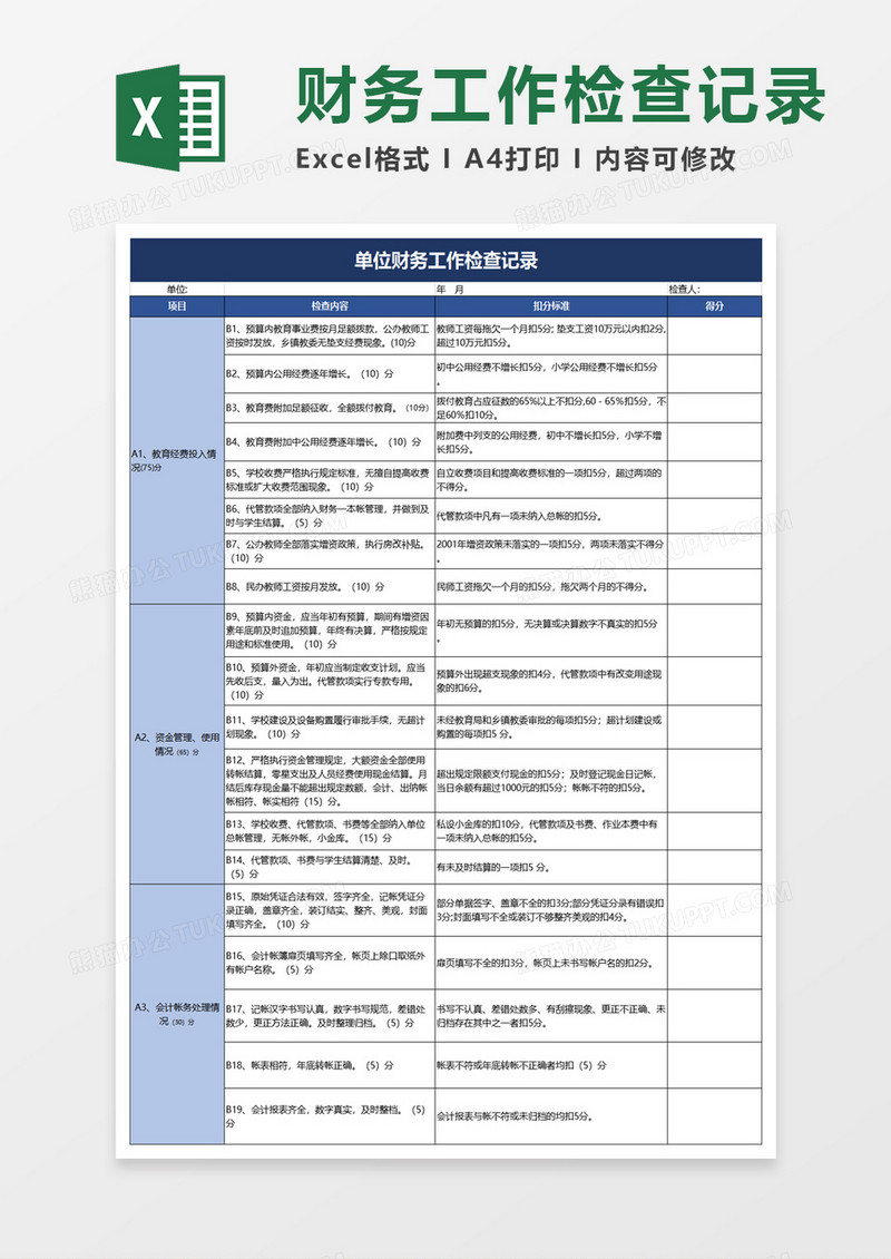 实用单位财务工作检查记录excel模板