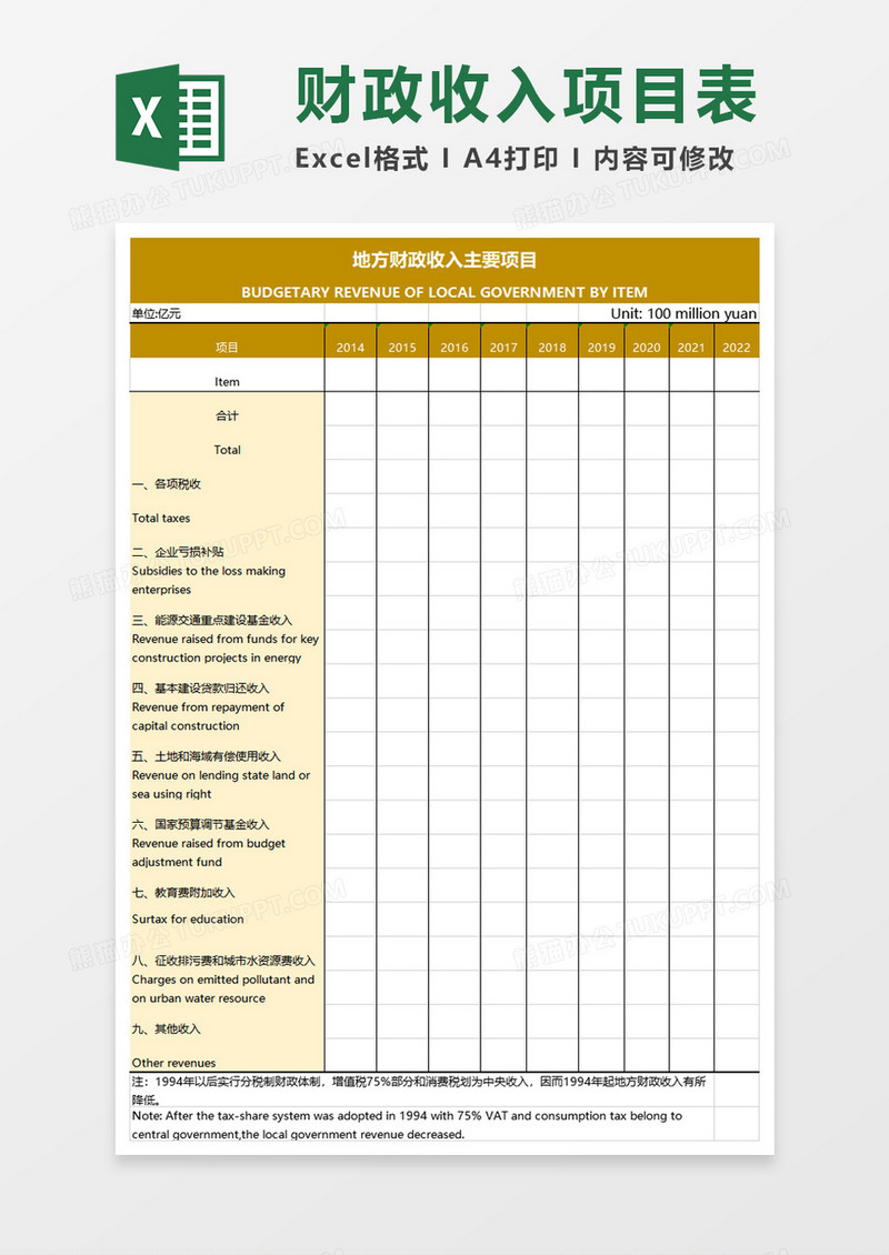 实用地方财政收入主要项目excel模板