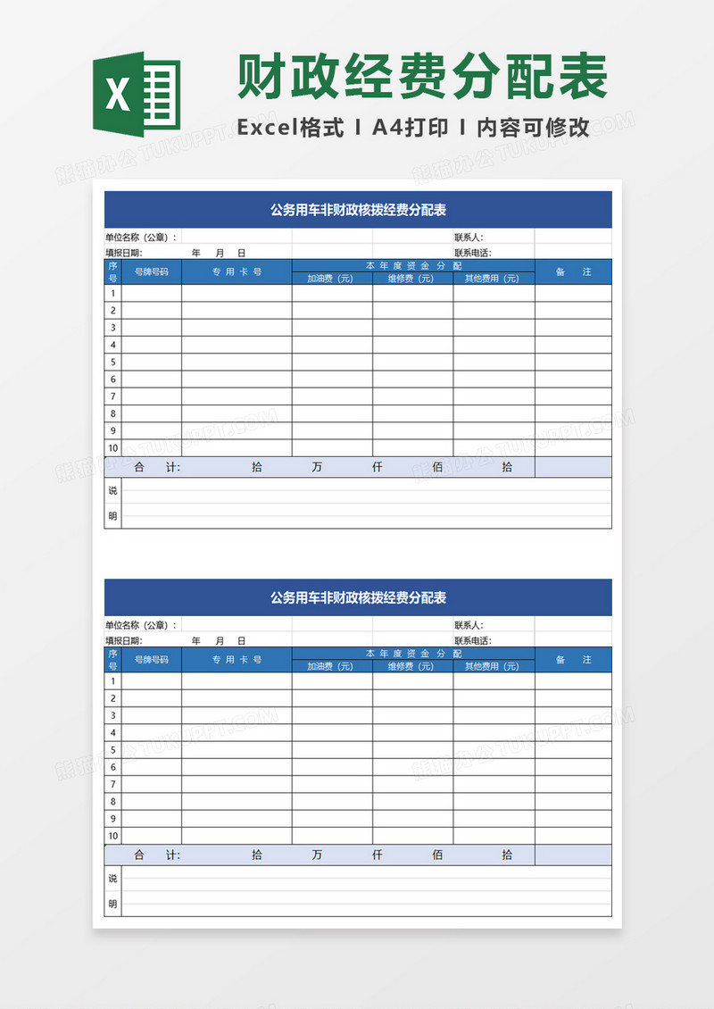 公务用车非财政核拨经费分配表excel模板